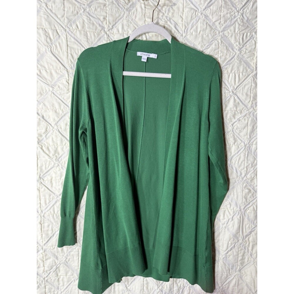 Chico's Green Open Front Knit Cardigan Sweater Long Sleeve Solid Size 0